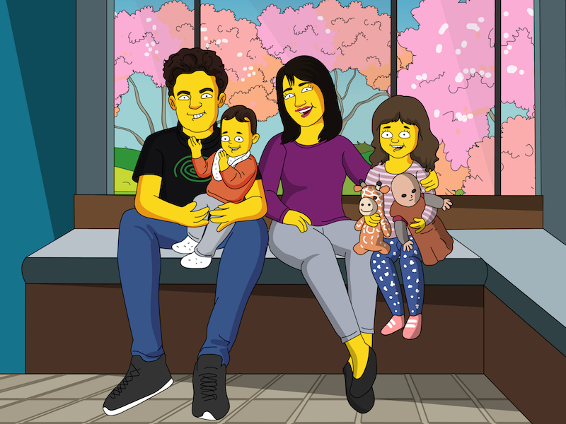 An illustration of our family in 'Simpsons style'